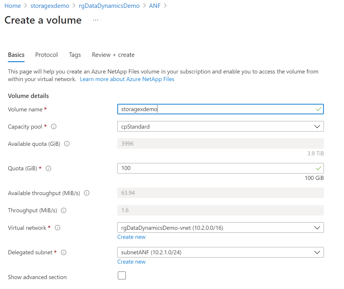 Screenshot for adding new Azure NetApp Files volume