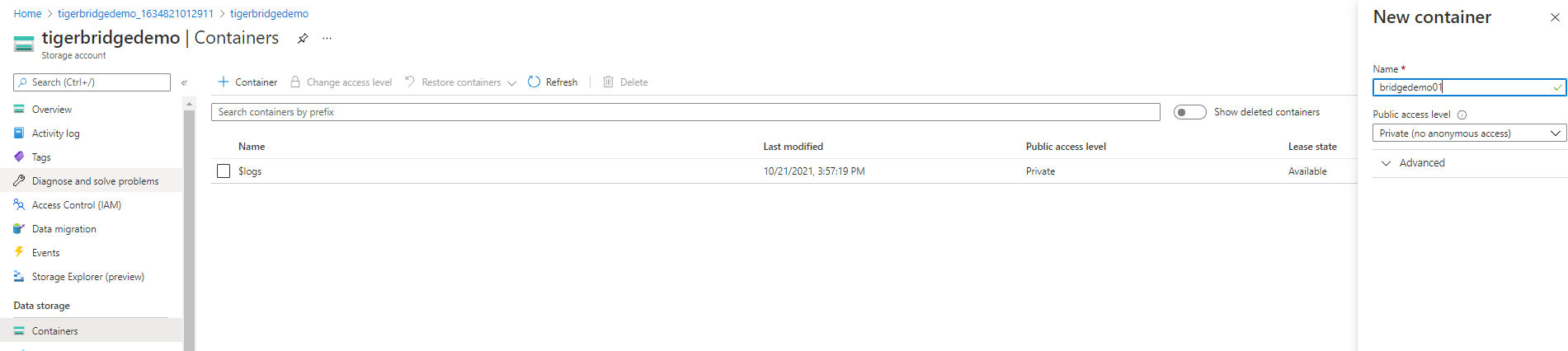 Screenshot that shows how to create a container in a storage account.