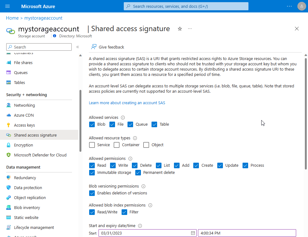 Screenshot shows the Shared access signature page with the Generate S A S button.