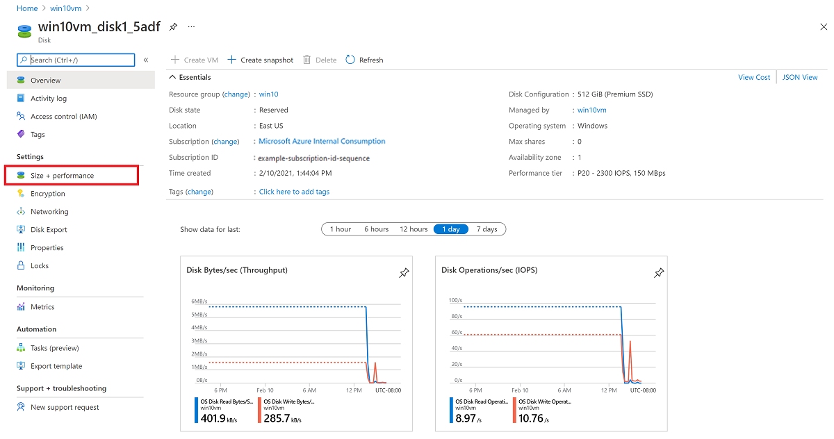 Screenshot that shows the Size and performance option selected in the Settings section of the menu.