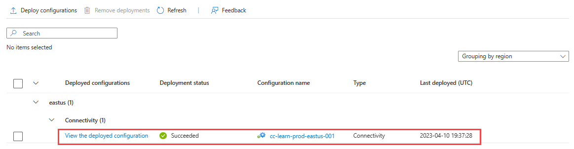 Screenshot of a configuration deployment that shows a status of succeeded.