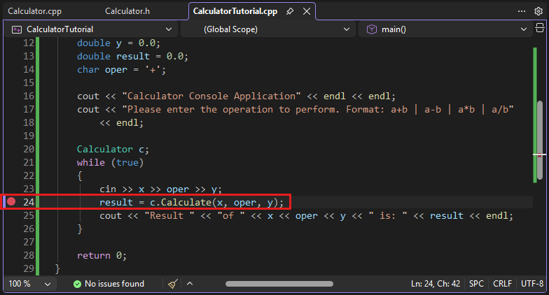 Screenshot of the Visual Studio editor. A red dot representing a breakpoint appears on the line: result = c.Calculate(x, oper, y).