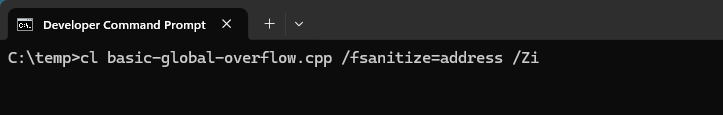 Screenshot showing a command prompt with the command `cl basic-global-overflow.cpp /fsanitize=address /Zi`.