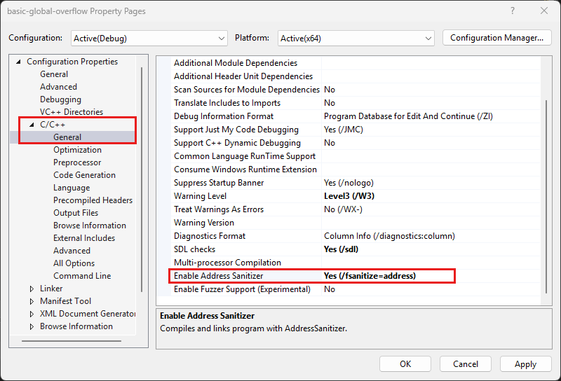 Screenshot of the Property Pages dialog showing the Enable AddressSanitizer property.