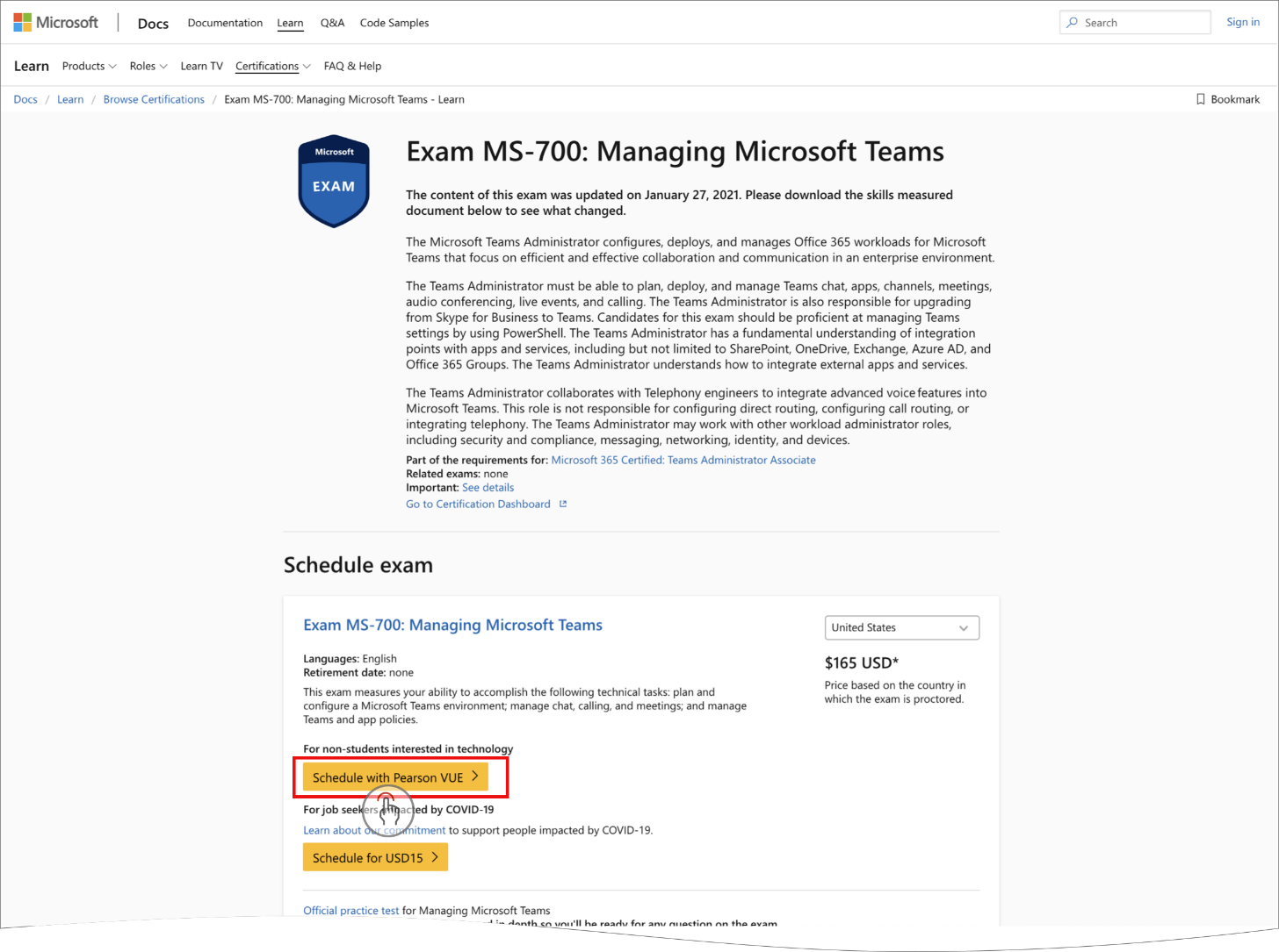 Click Schedule with Pearson VUE button to begin online registration process