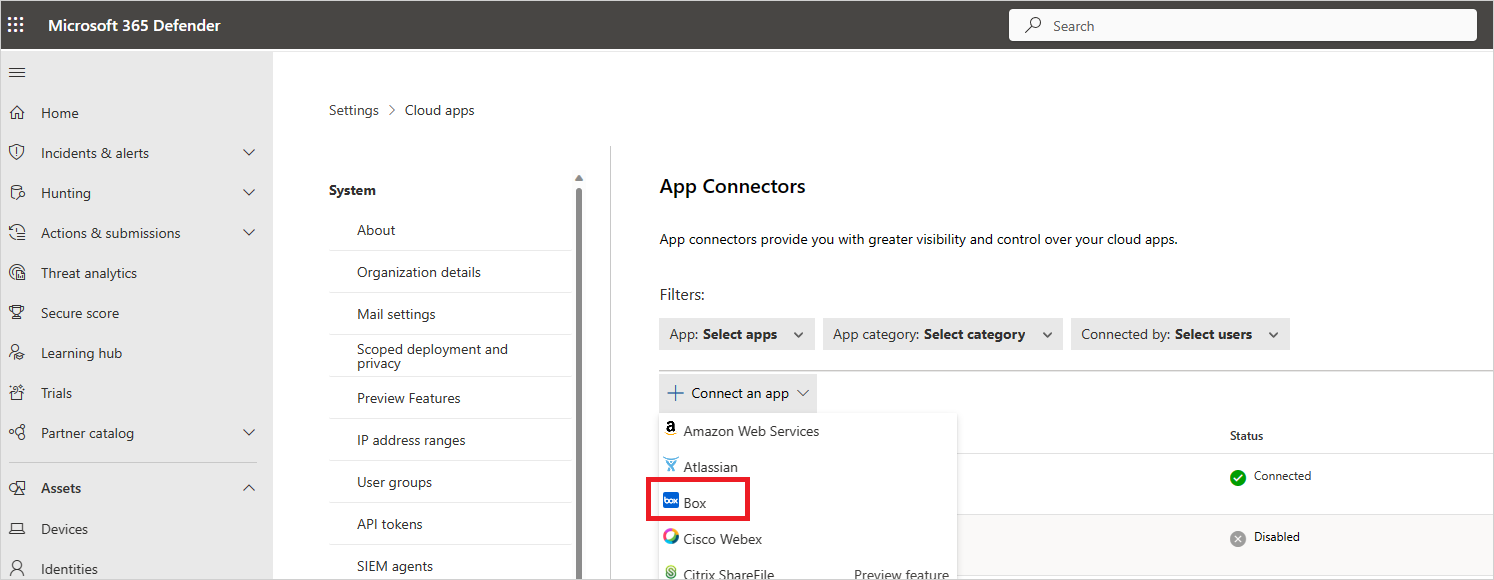 Connect Box Screenshot showing the Box option in the App connectors page.