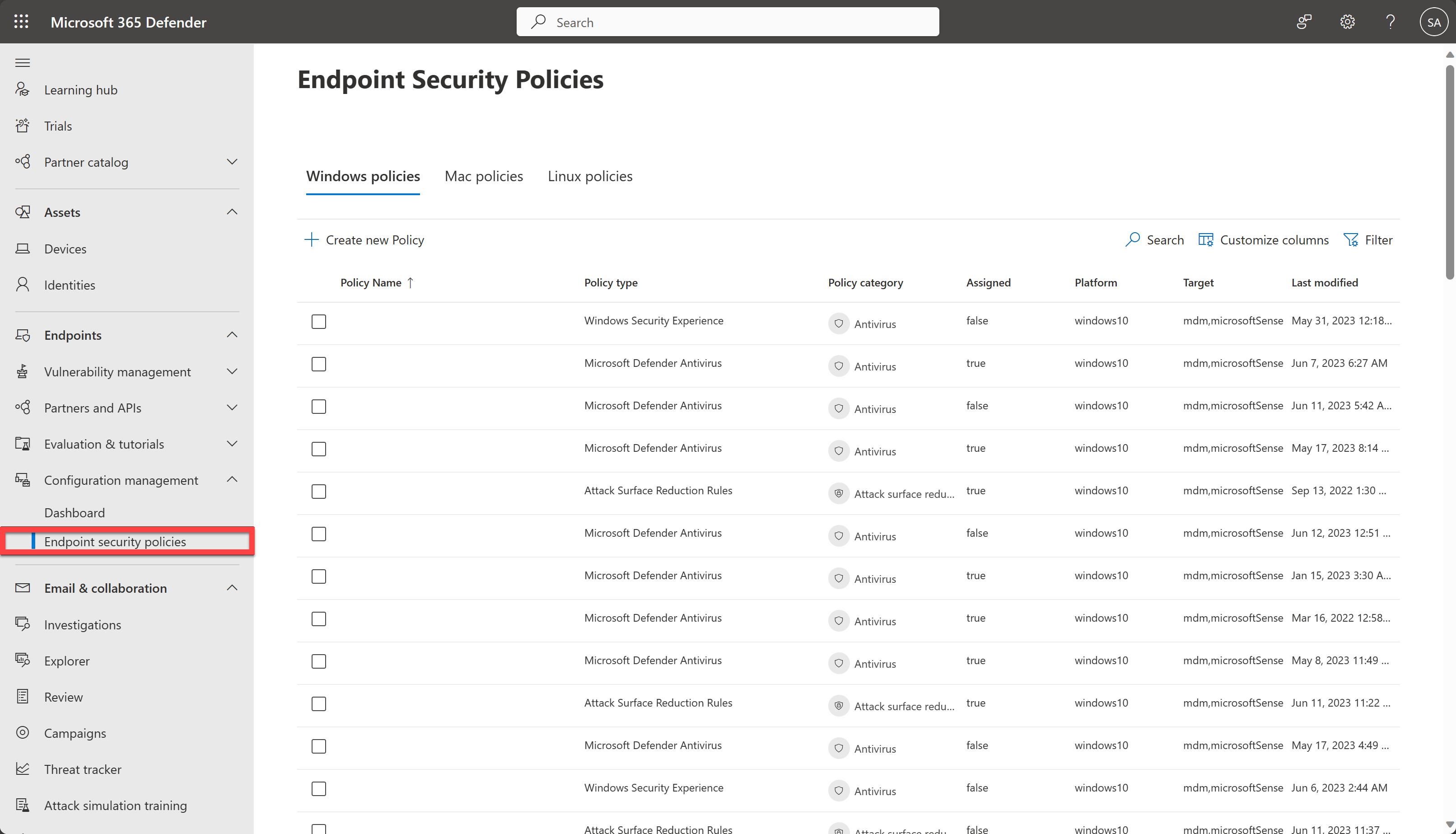 Managing Endpoint security policies in the Microsoft Defender portal