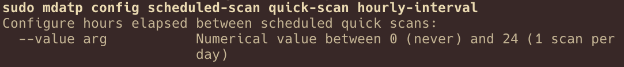 Screenshot of mdatp daily scan command help showing minutes after midnight from 0 through 1440.