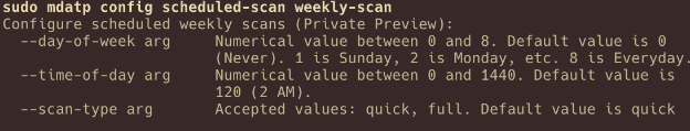 Screenshot of mdatp weekly scan command help showing day, time, and scan type options.