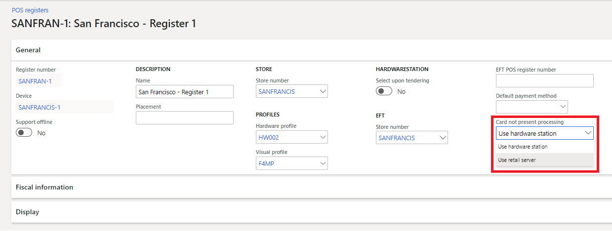 Screenshot of the Card not present processing field on the register General FastTab.