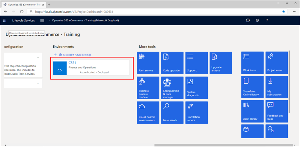 Screenshot of selecting an environment in the LCS project dashboard.