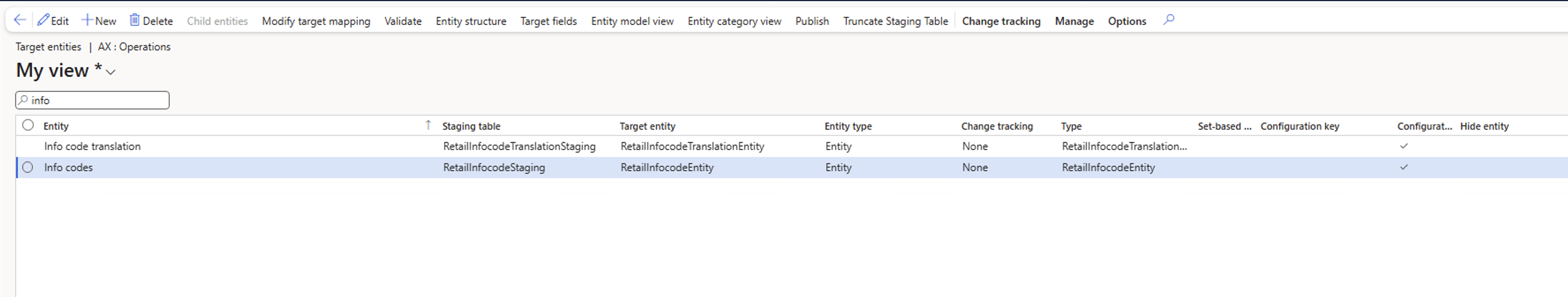 Screenshot of adding the RetailInfocodeTranslationEntity and RetailInfocodeEntity entities.
