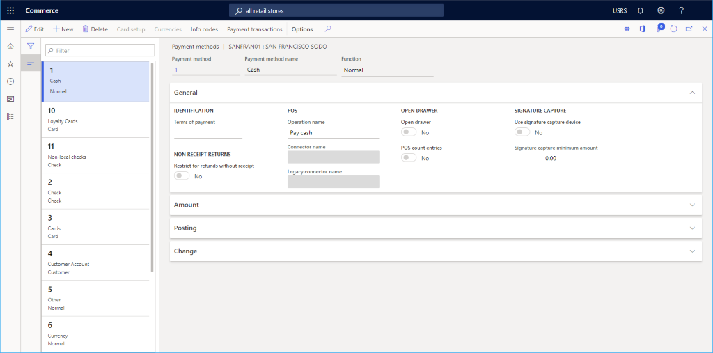 Screenshot of an example payment methods configuration.