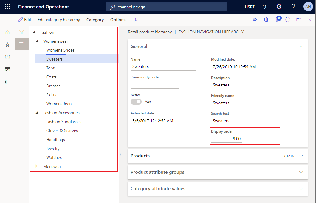 Screenshot of channel navigation hierarchy custom sorted.