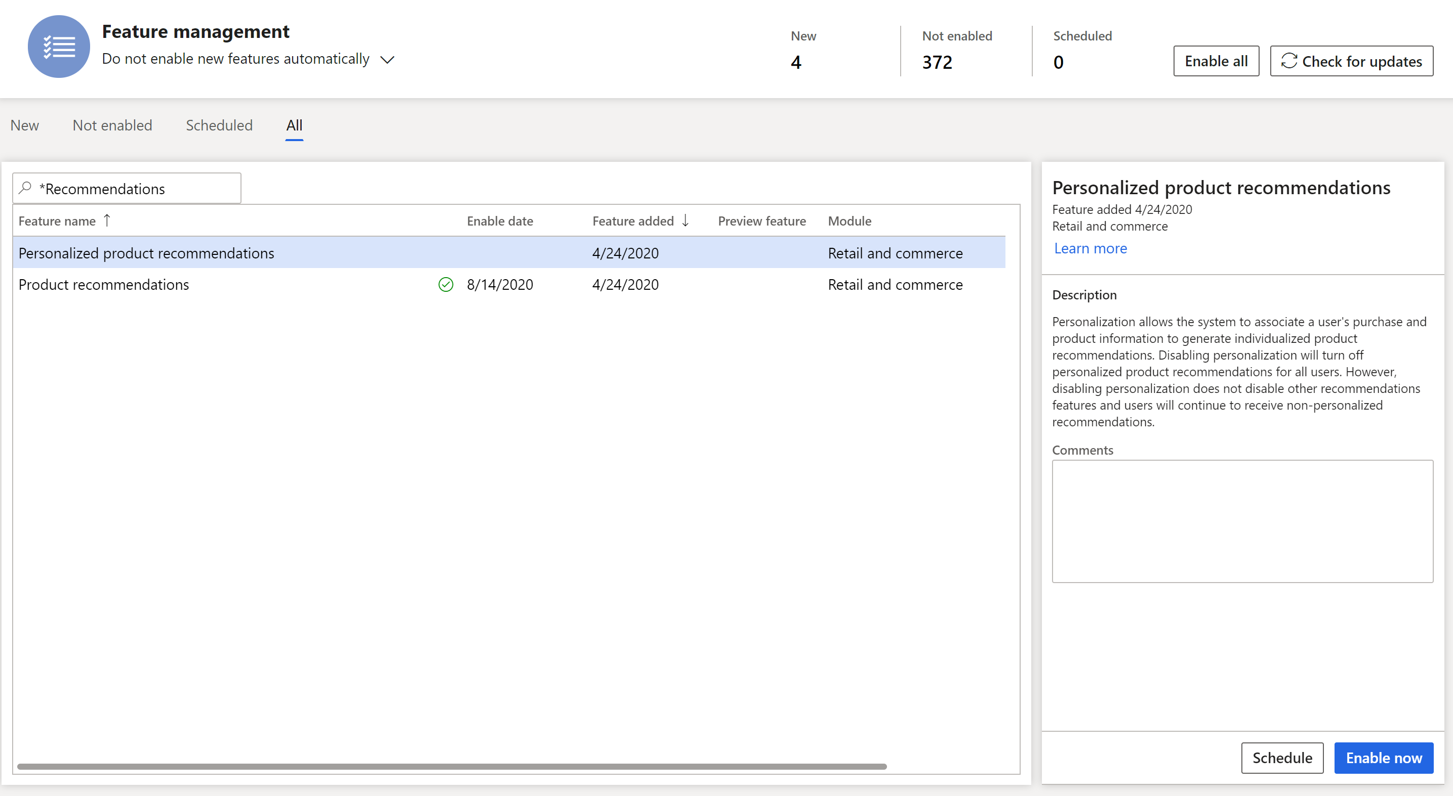Screenshot of turning on personalization in Feature Management.