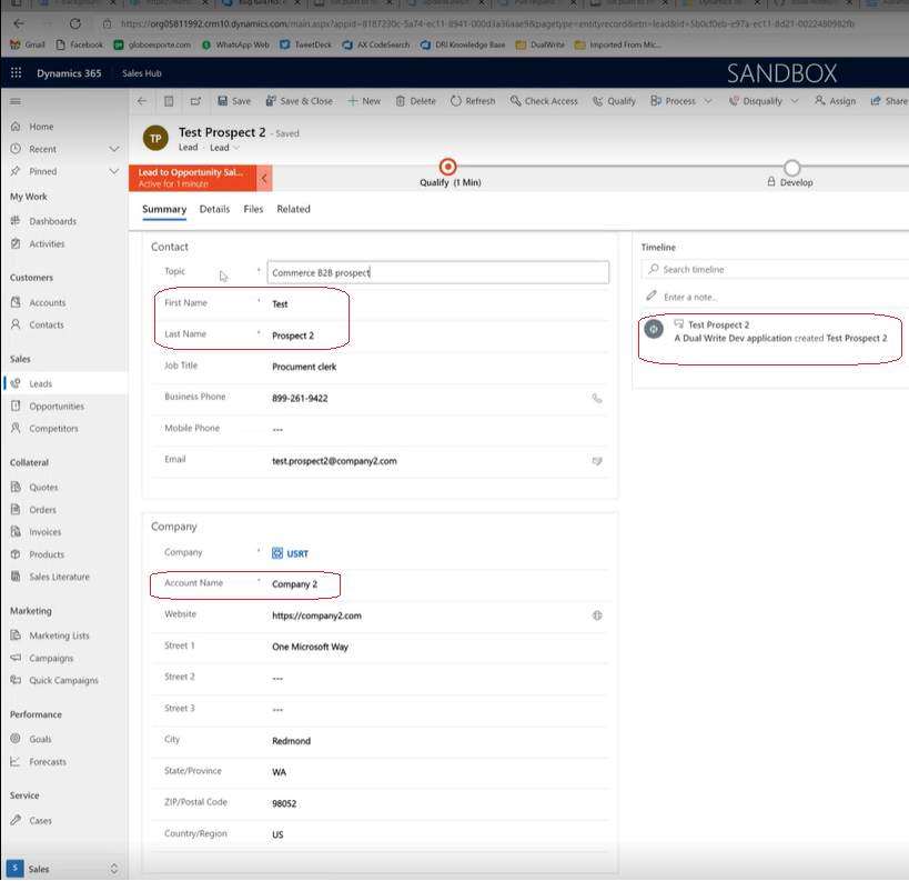 Screenshot of the lead creation page in Dynamics 365 Sales showing contact and company sections for a business partner prospect.