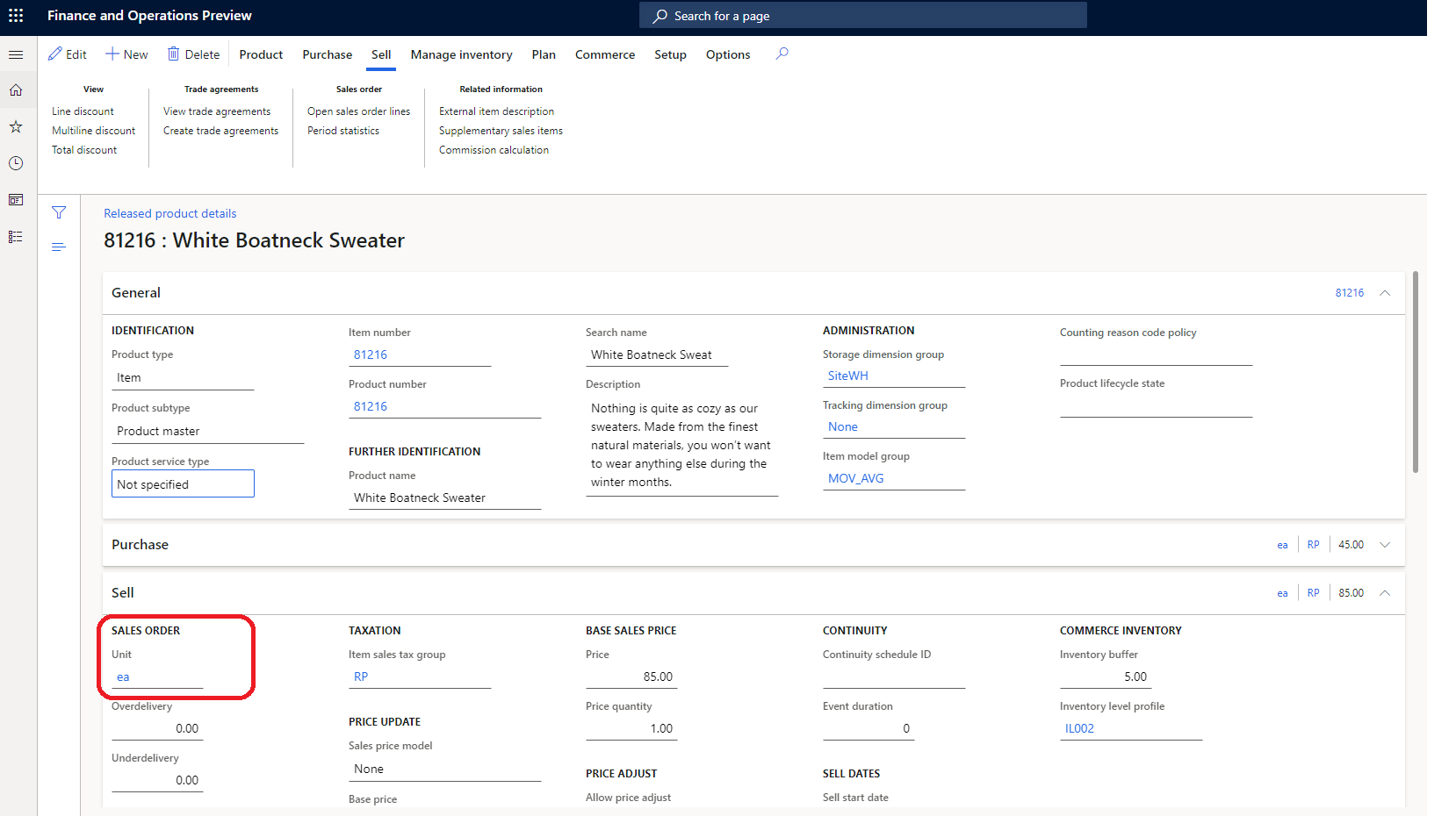 Screenshot of a product that is configured with a unit of measure in Commerce headquarters.