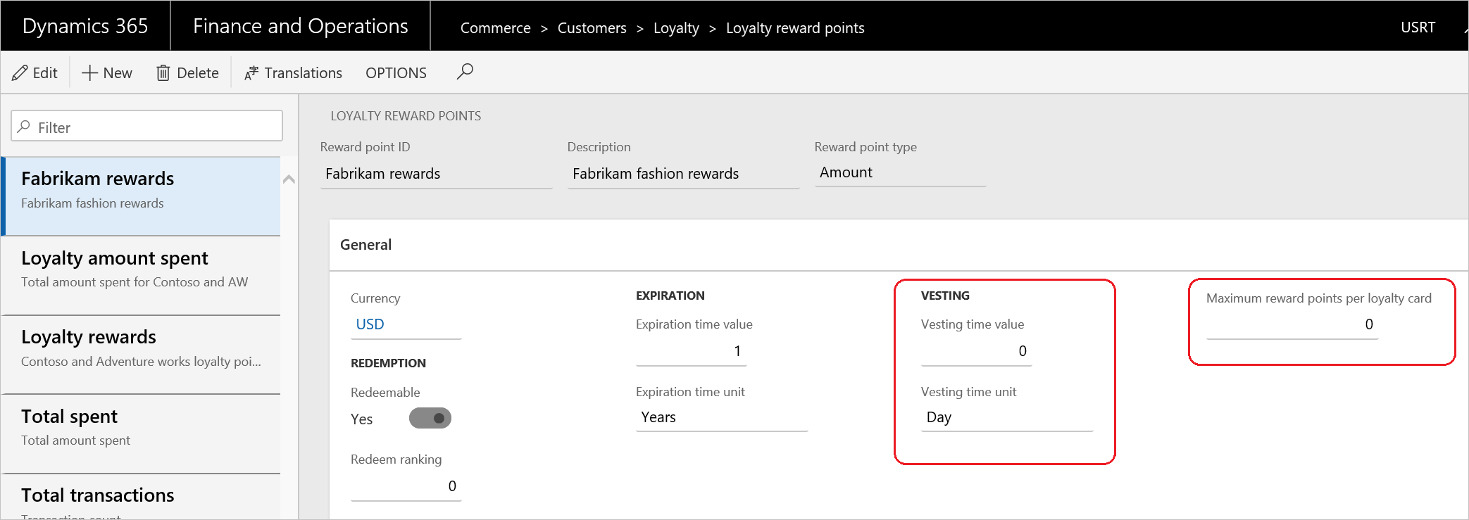 Screenshot of define vesting and maximum reward points.