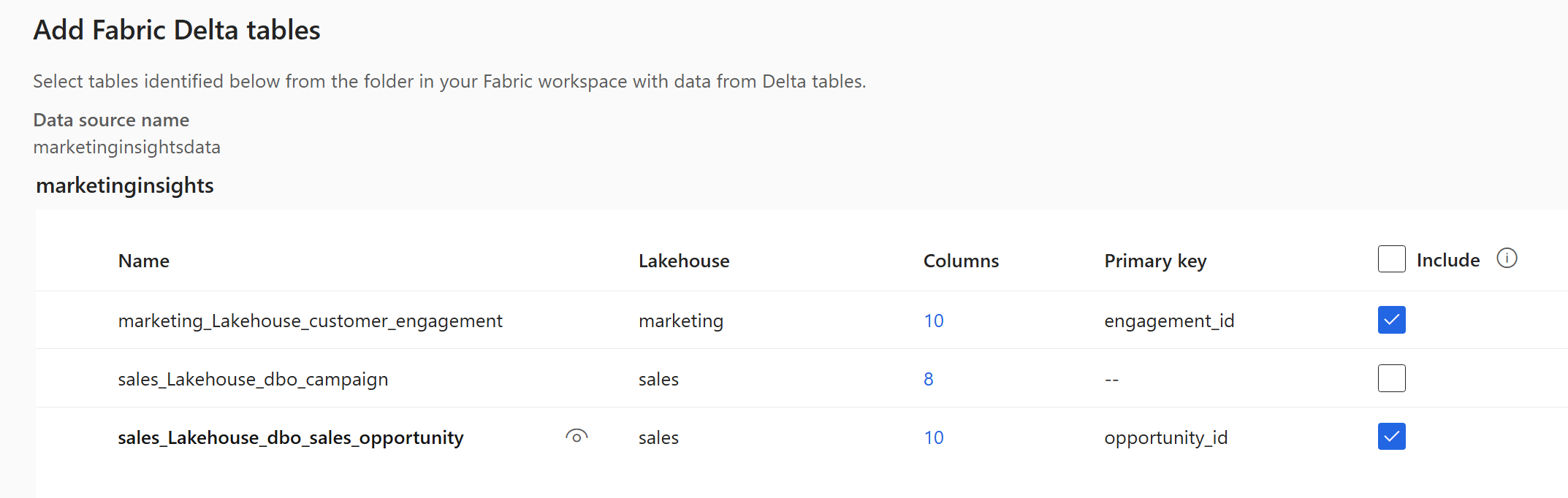 Screenshot of the Add Fabric Delta tables page listing tables from lakehouses with two tables selected.