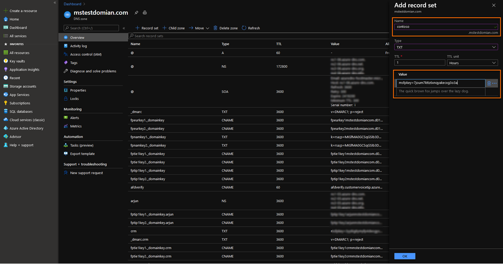 Add TXT name and value in Microsoft Azure Add TXT name and value in Microsoft Azure.
