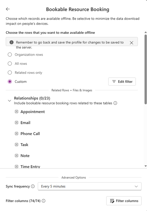 Screenshot of the Bookable Resource Booking table offline data settings in the Field Service mobile app offline profile.