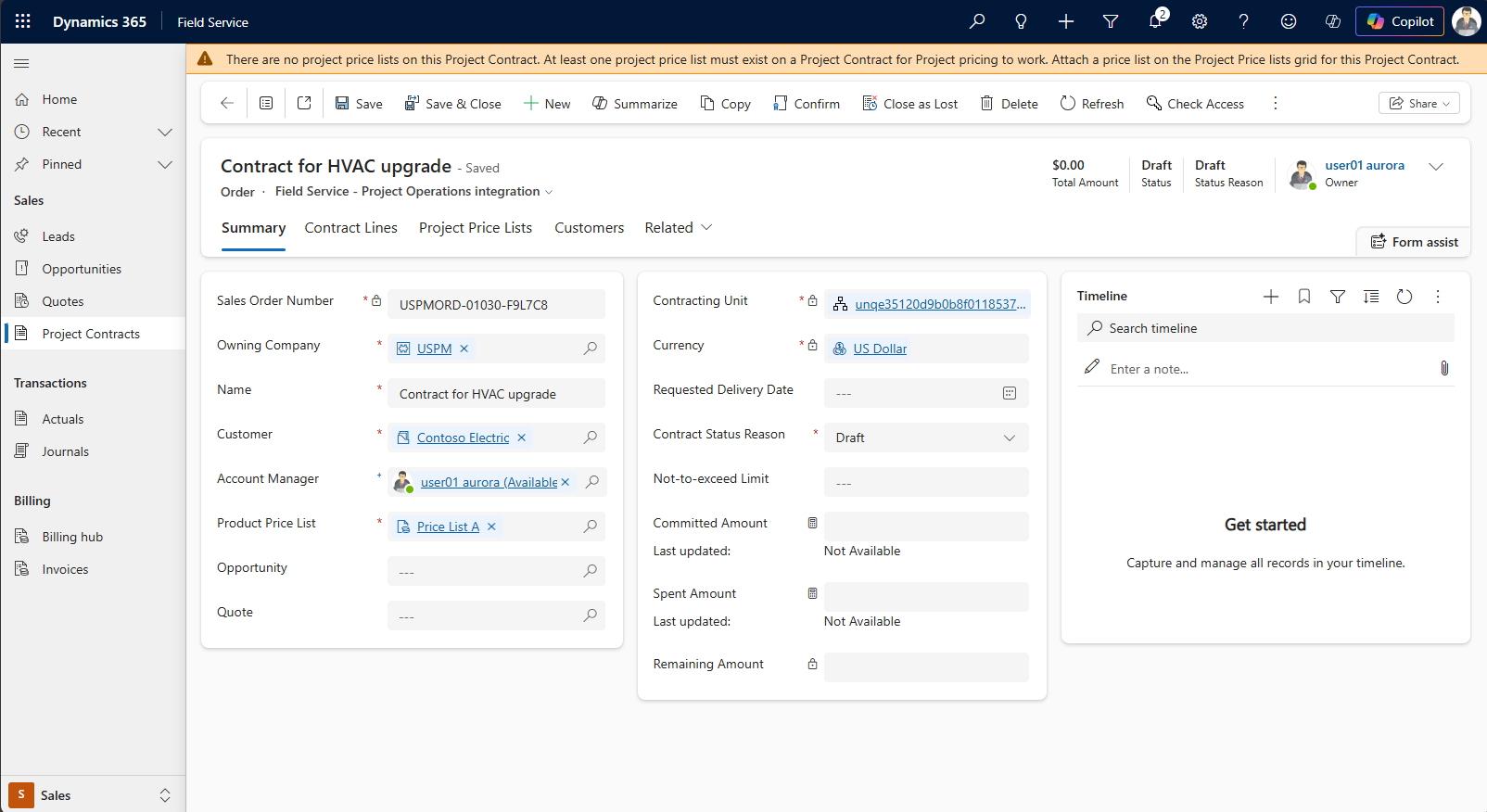 Screenshot of Field Service Project Contracts screen.