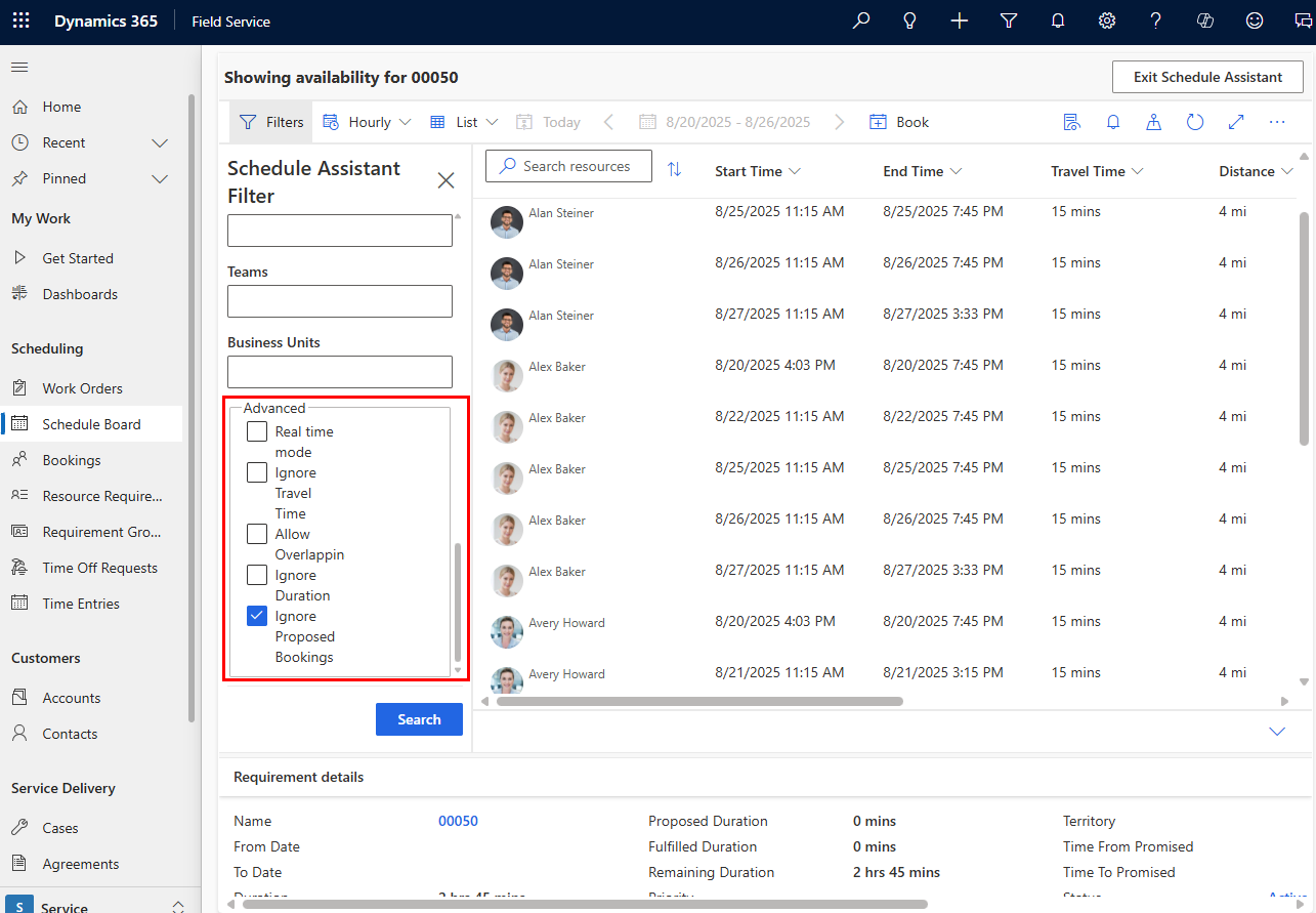 Screenshot of the advanced filters exposed in the schedule assistant.