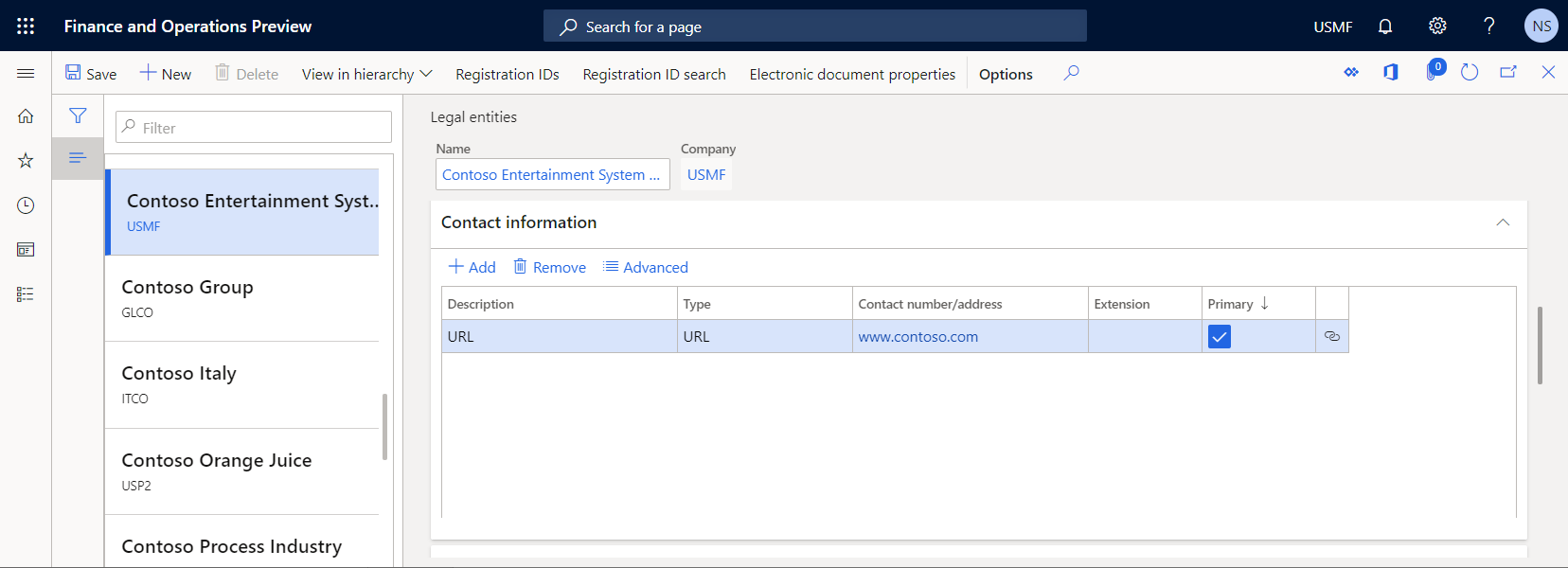 Screenshot of the company URL entered on the Legal entities page.