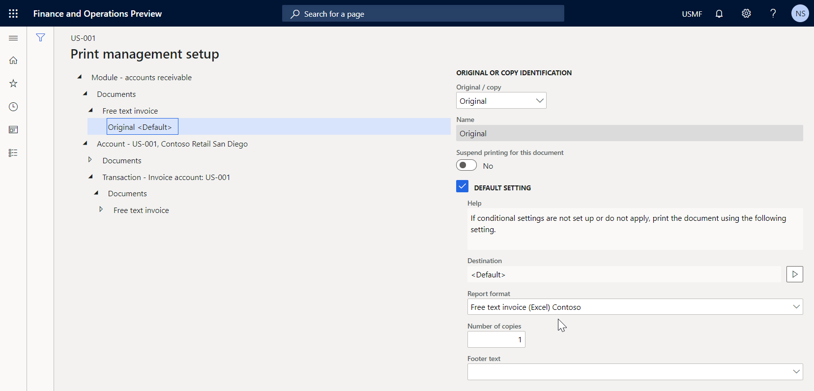 Screenshot of the Free text invoice (Excel) Contoso template selected.