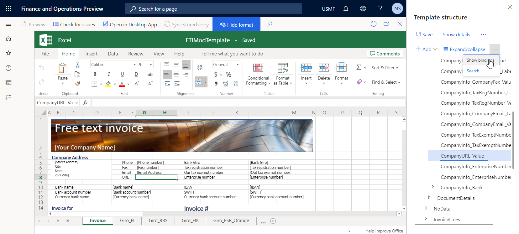 Screenshot of Show bindings selected.