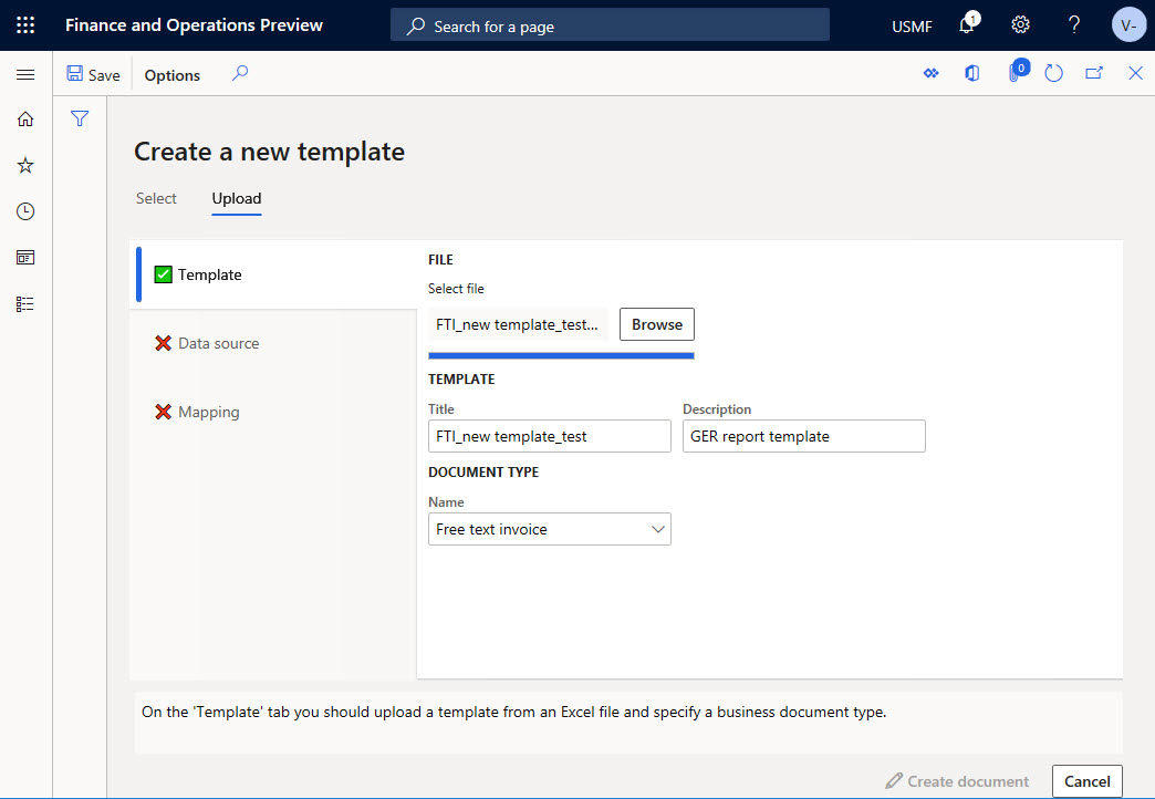 Screenshot of Template tab on the Upload tab of the Create a new template page.