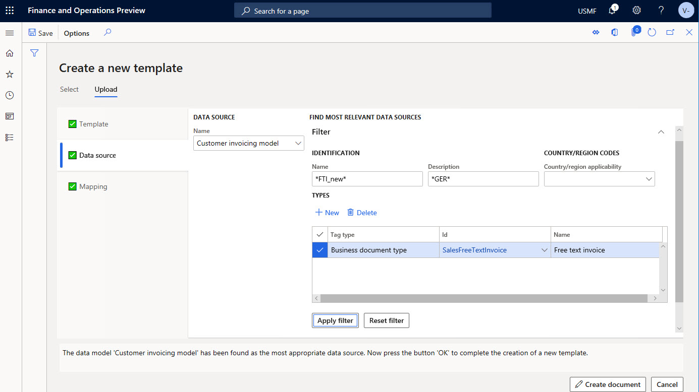 Screenshot of Data source tab on the Upload tab of the Create a new template page.
