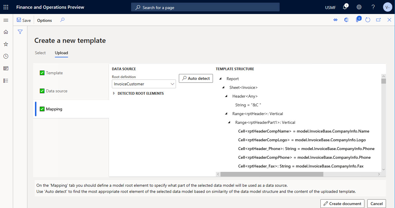 Screenshot of Mapping tab on the Upload tab of the Create a new template page.