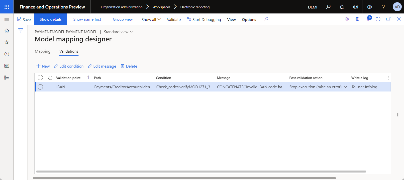 Screenshot of the validation rule on the Model mapping designer page.