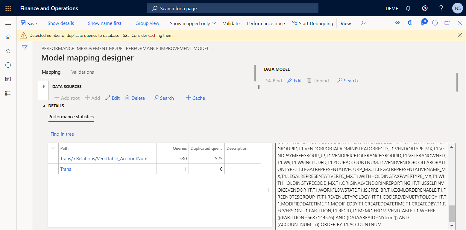 Screenshot of message about duplicate database requests on the Model mapping designer page.