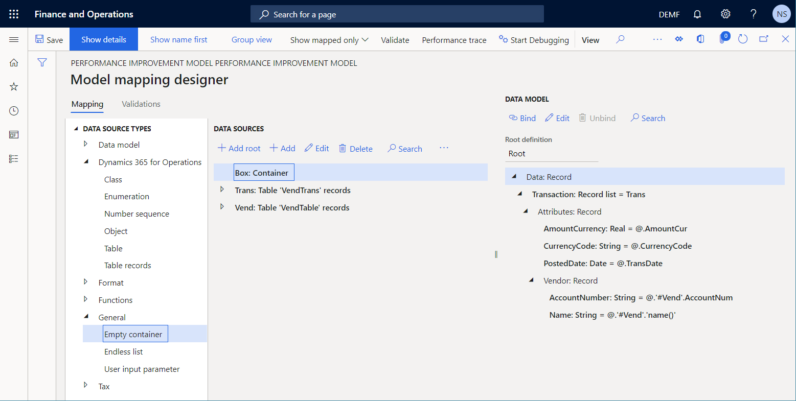Screenshot of Box data source on the Model mapping designer page.