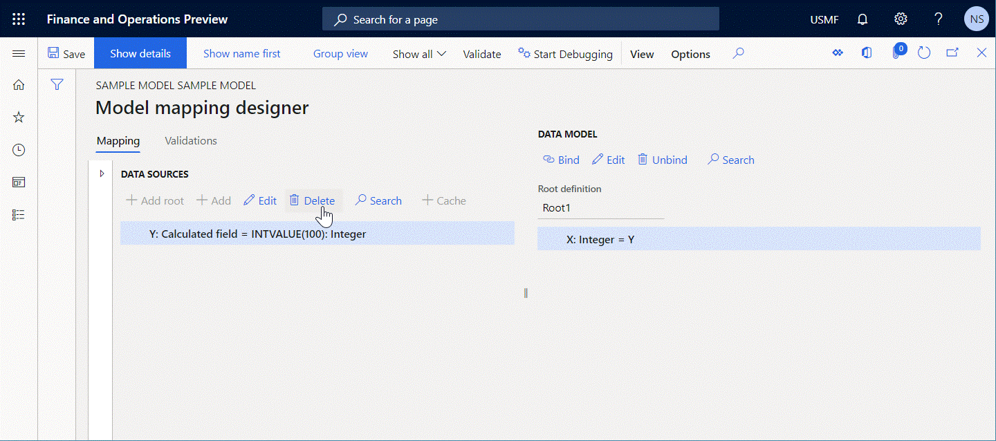Screenshot of inspecting the editable ER model mapping component on the Model mapping designer page.