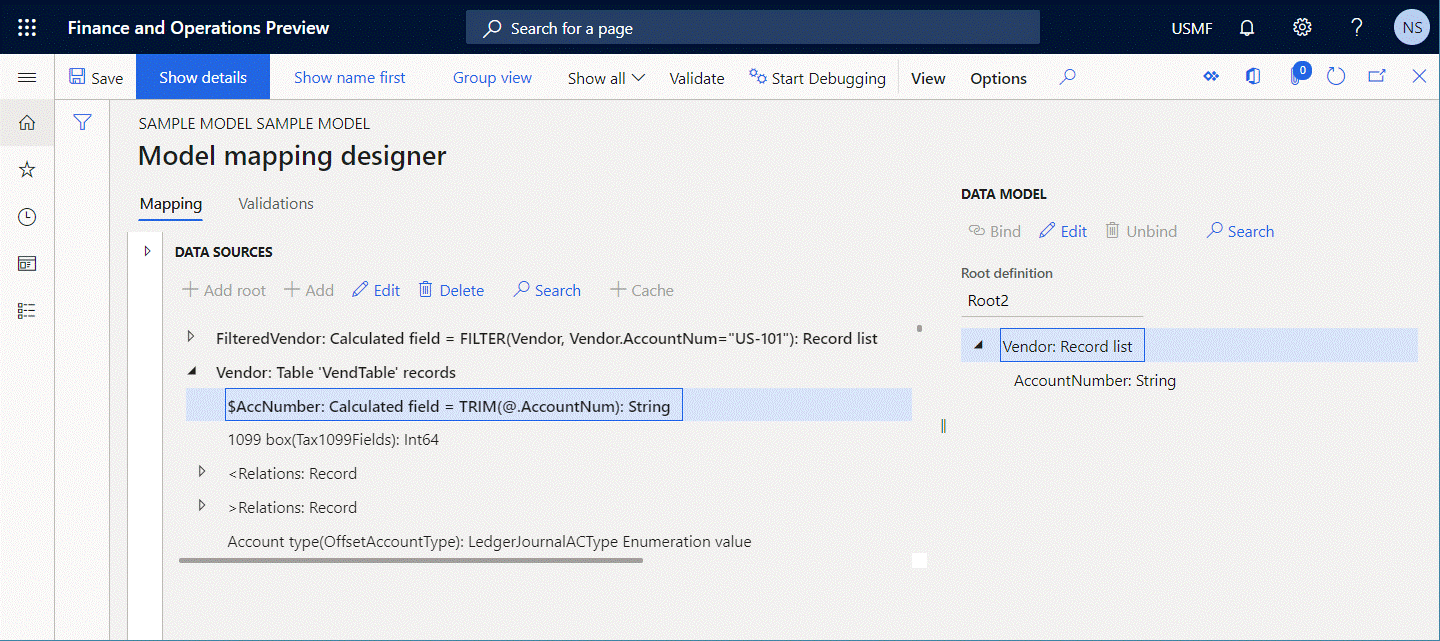 Screenshot of verifying that the expression that has the FILTER function can be queried on the Model mapping designer page.