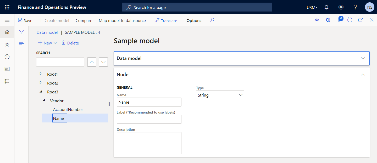Screenshot of adding nested fields on the Data model page.