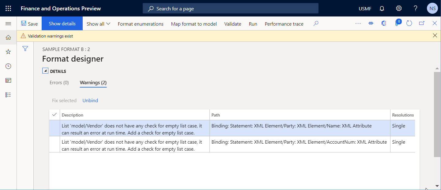 Screenshot of validation error about a potential error for the configured format components.