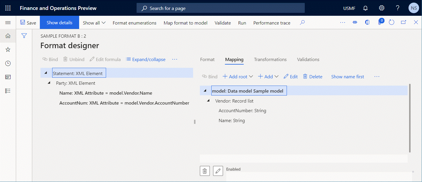 Screenshot of binding the format element to the data source item on the Format designer page.