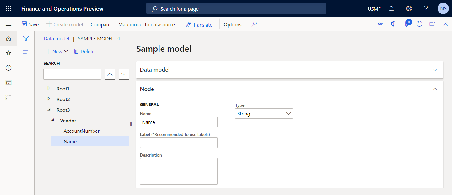 Screenshot of adding nested fields to the Vendor item on the Data model page.