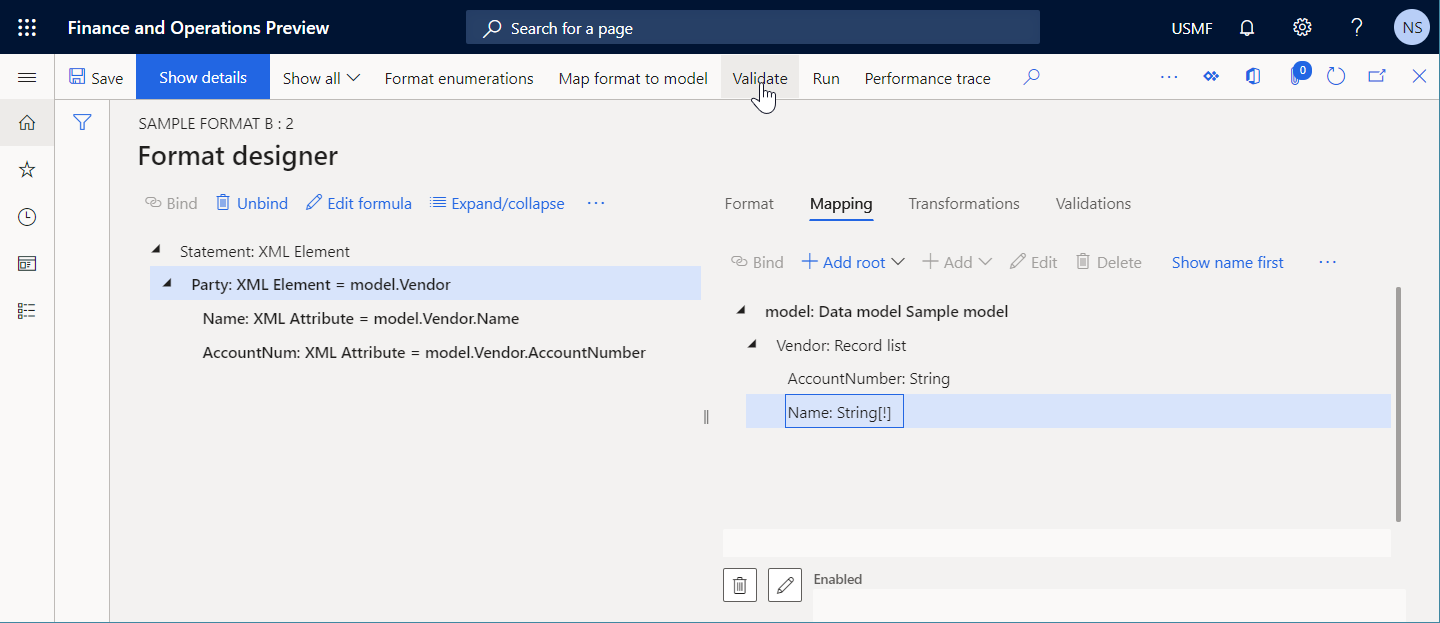 Screenshot of validate the ER format component on the Format designer page.