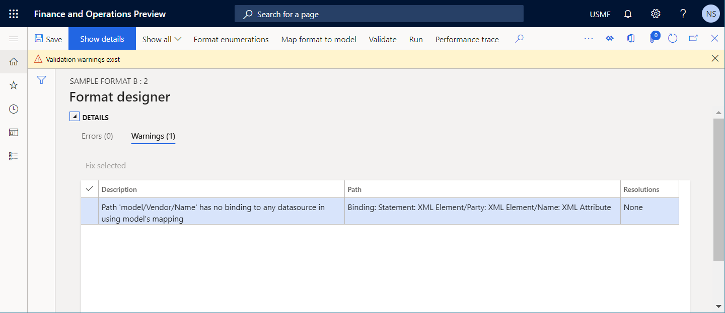 Screenshot of validating the ER format component on the Format designer page.