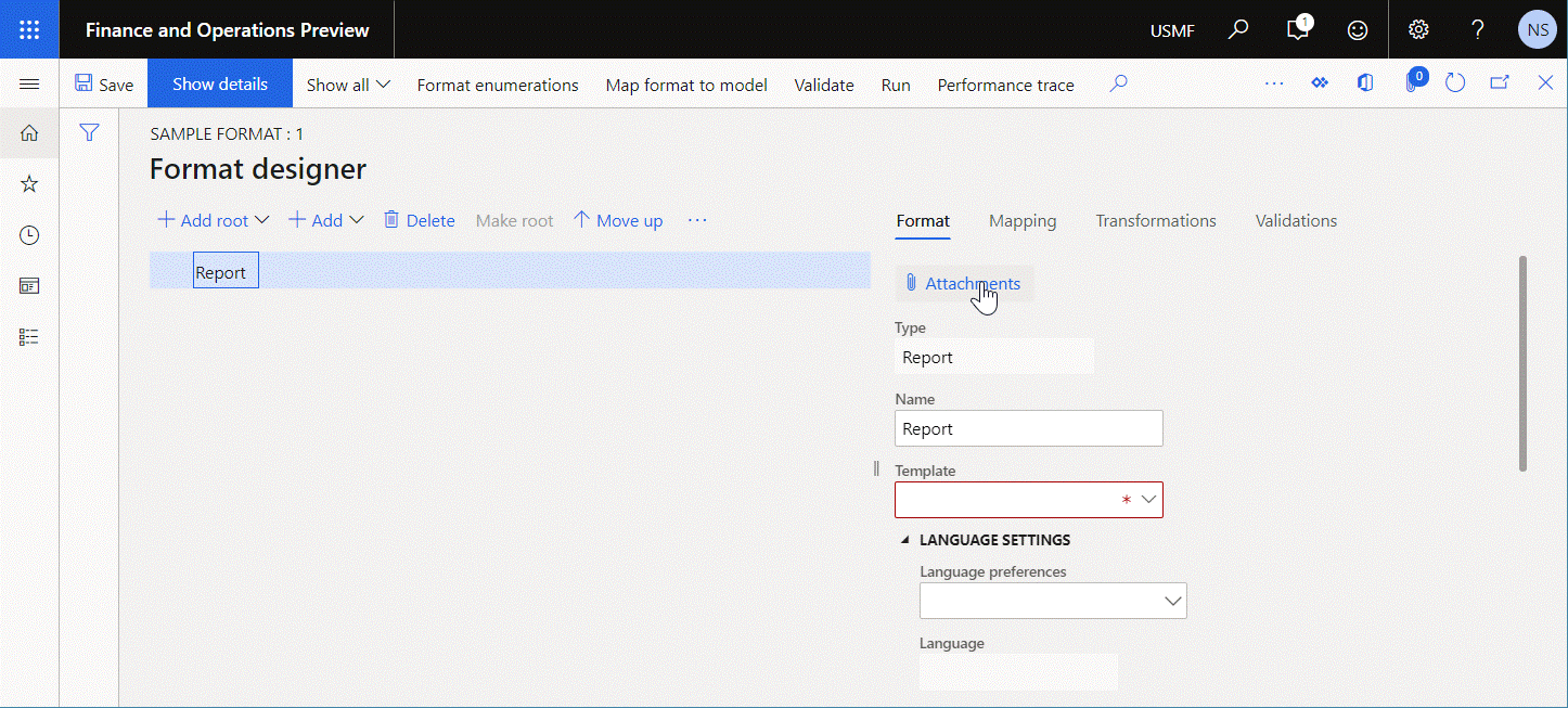 Screenshot of validating the editable format component of the workbook file on the Format designer page.