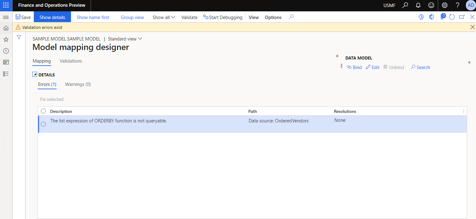 Screenshot of verifying that the expression in the Vendor data source can be queried on the Model mapping designer page.
