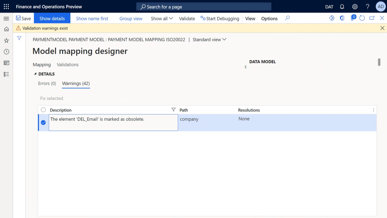 Screenshot of review the validation warnings in the Details FastTab on the Model mapping designer page.
