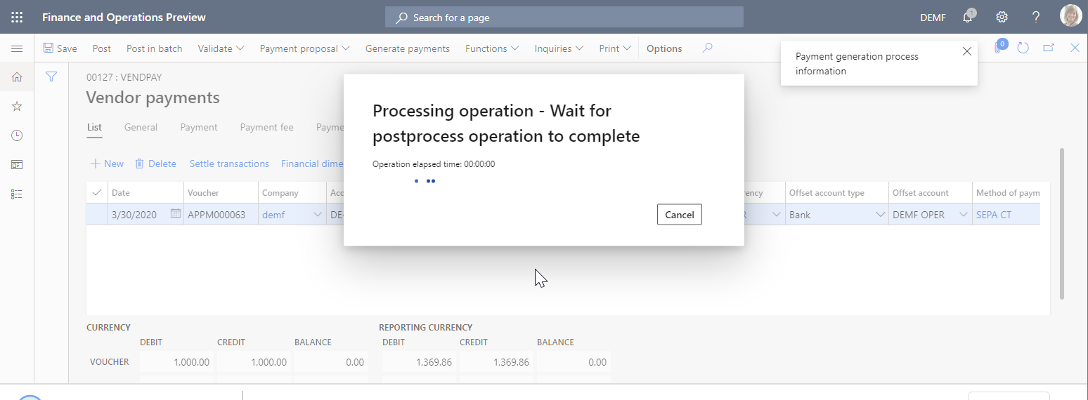 Screenshot of vendor payment processing in progress.