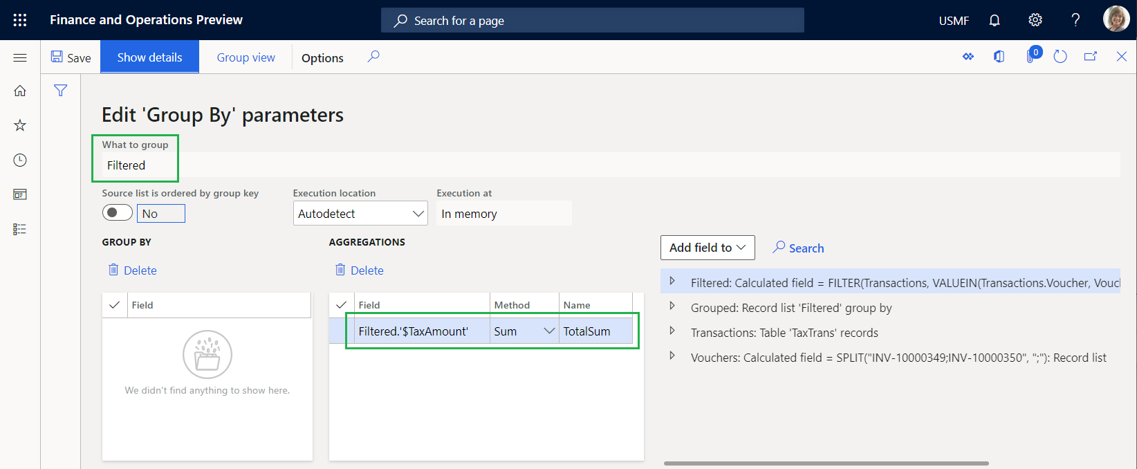 Screenshot of TotalSum aggregation field on the Edit 'GroupBy' parameters page.