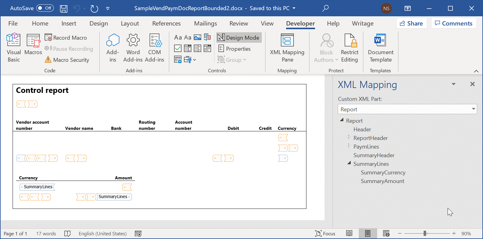 Screenshot of Word template layout showing summary section with repeating content control.